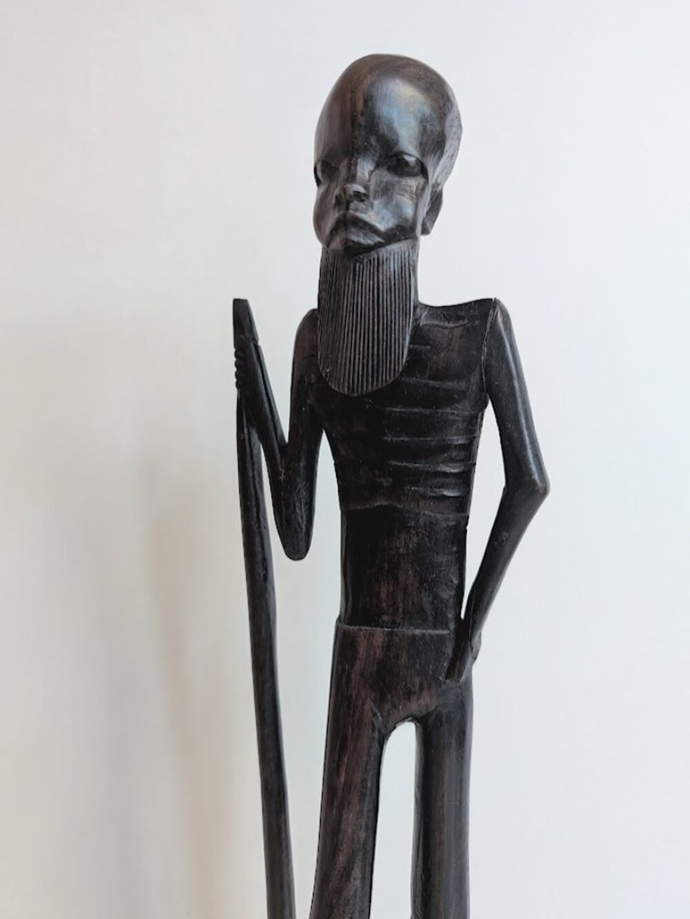 Vintage Hand Crafted Ebony Wood African Man Figurine With Staff 14.75" Tall